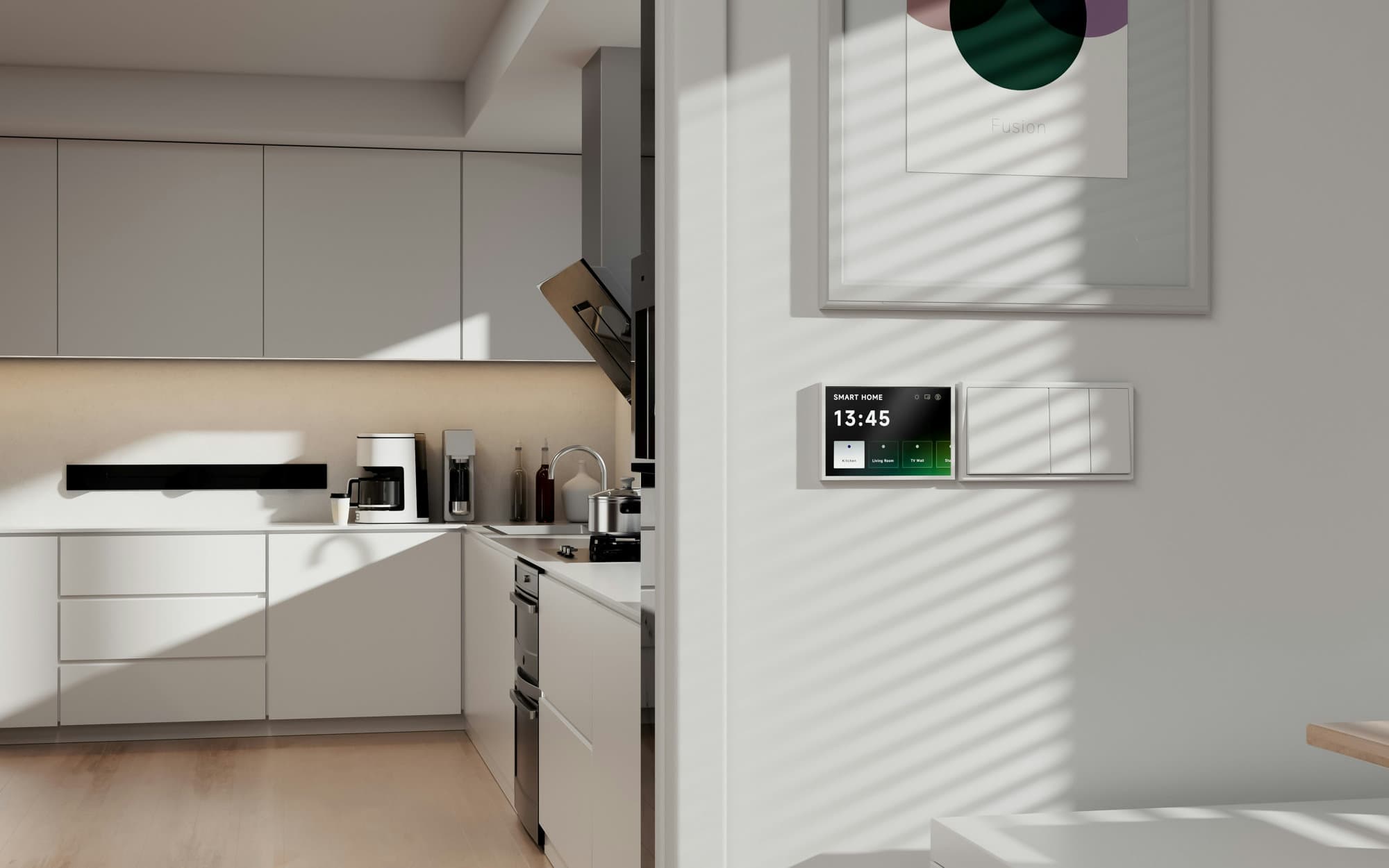 KNX smart switch and touchscreen panel installed in a modern home kitchen
